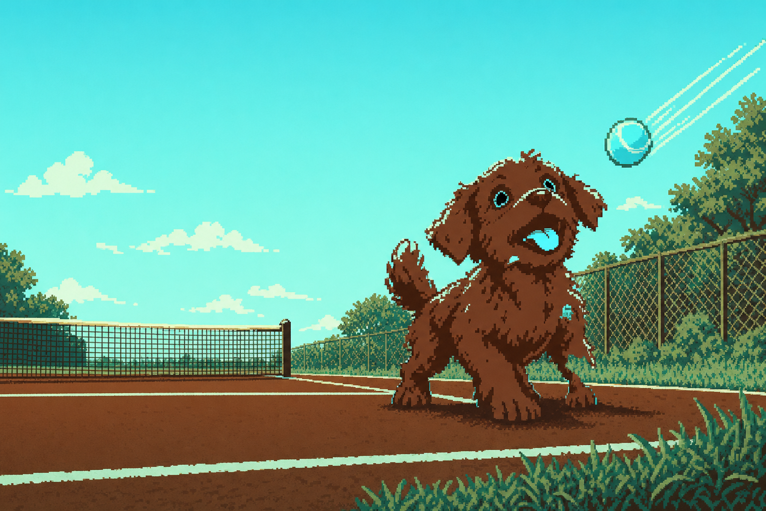 The dog on a clay tennis court as a ball flies overhead