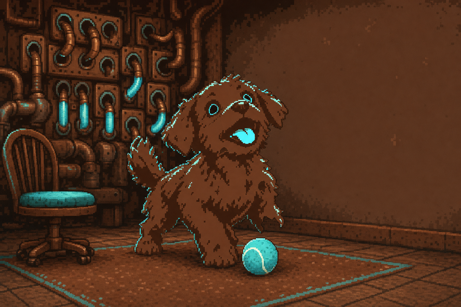 The dog in a brown dispatch room with pipes, a chair and a ball